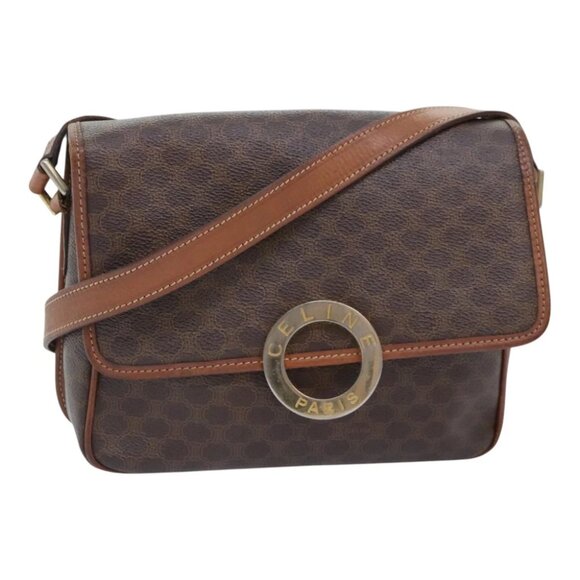 CELINE Macadam Canvas Circle Shoulder Bag PVC Leather Brown Gold Auth 92653 - Picture 1 of 15